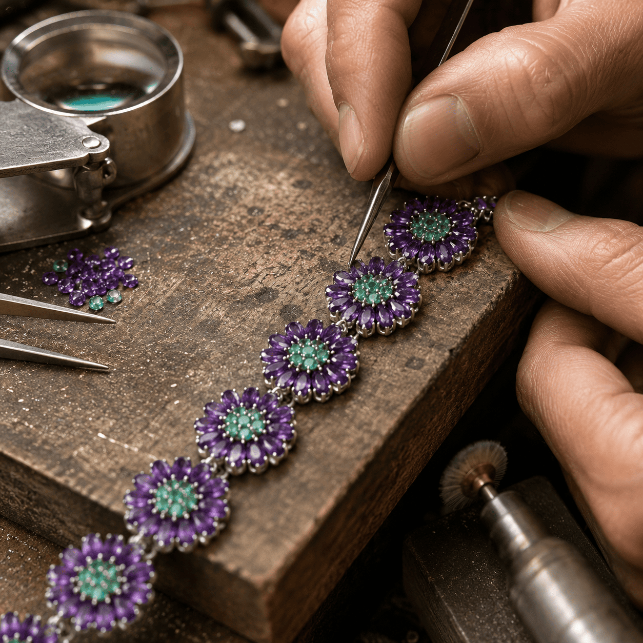 Artisan crafted sterling silver bracelet showcasing detailed gemstone setting and craftsmanship
