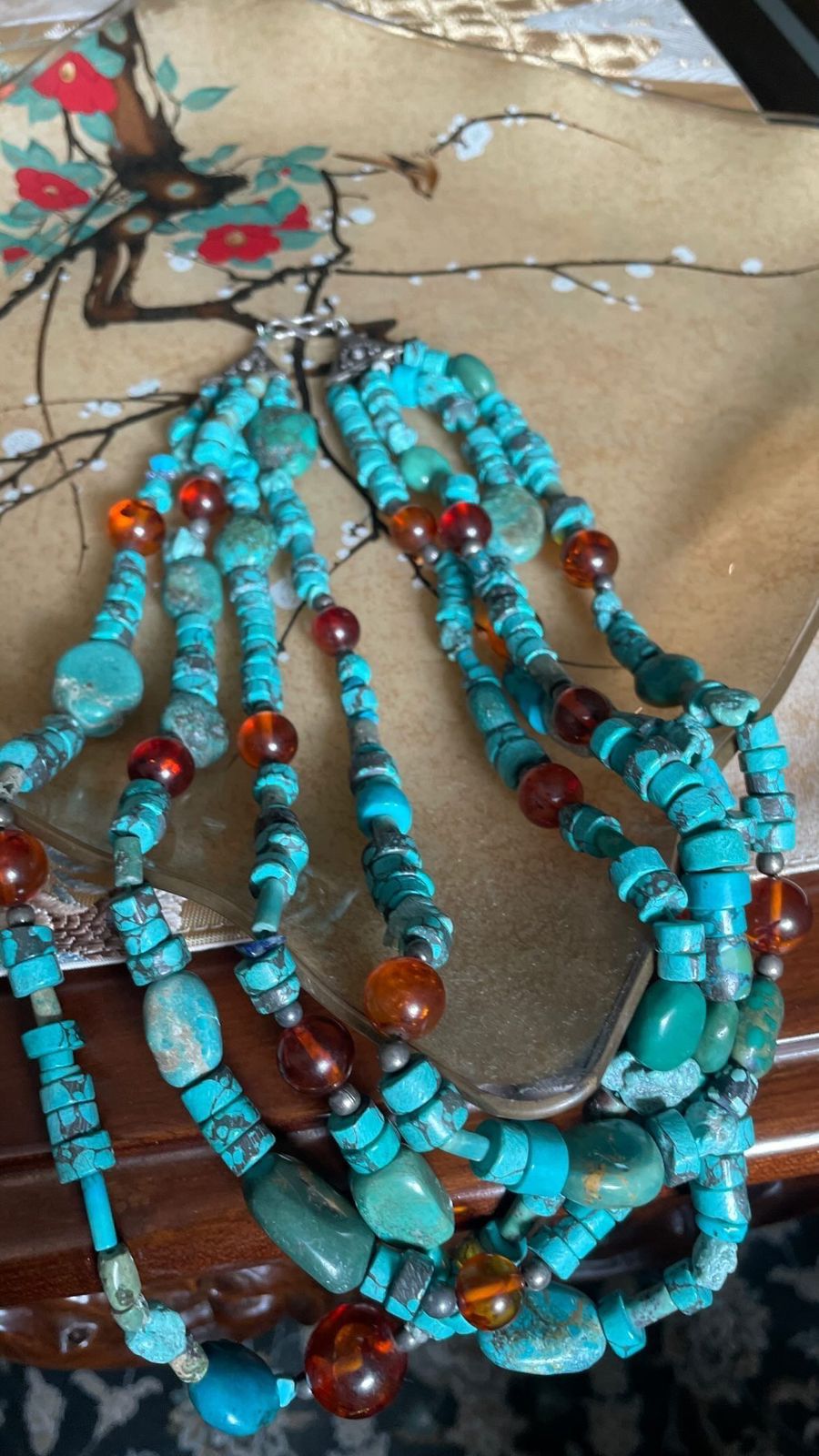 Vibrant Persian Turquoise and Baltic Amber Four-String Necklace - Statement Jewelry for Women Antiqa Handcrafted