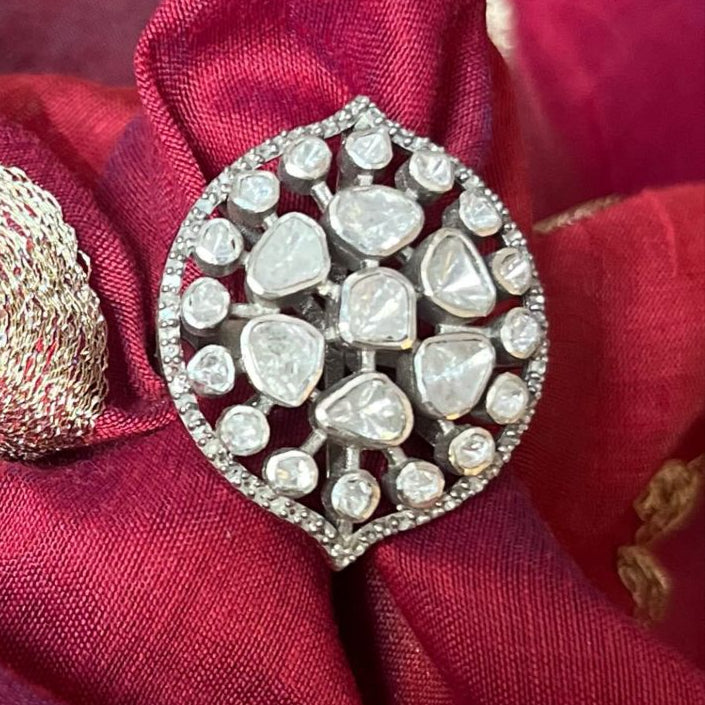 Handmade Sterling Silver Ring with Polki Sparkling Diamonds