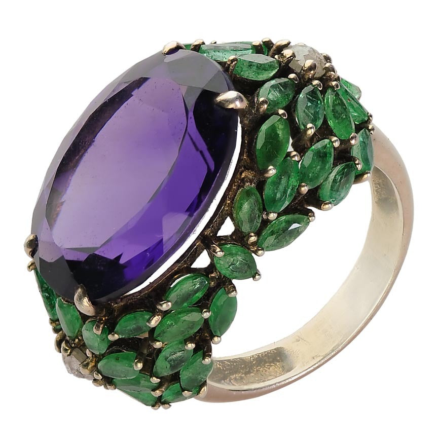 Handcrafted Amethyst and Emerald Statement Ring – Vintage-Inspired Luxury