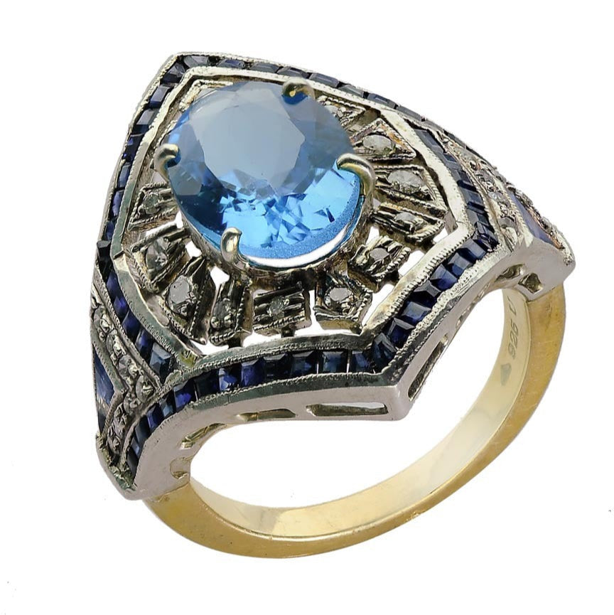Vintage-Inspired Blue Topaz and Sapphire Ring – Art Deco Statement Jewelry