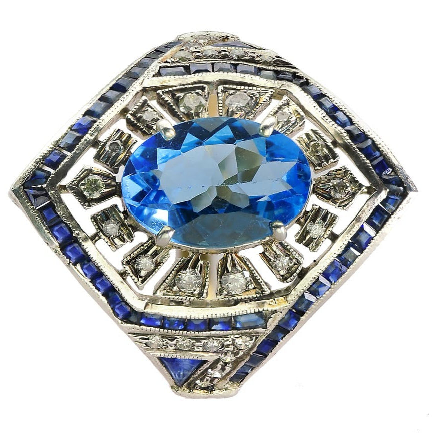 Vintage-Inspired Blue Topaz and Sapphire Ring – Art Deco Statement Jewelry