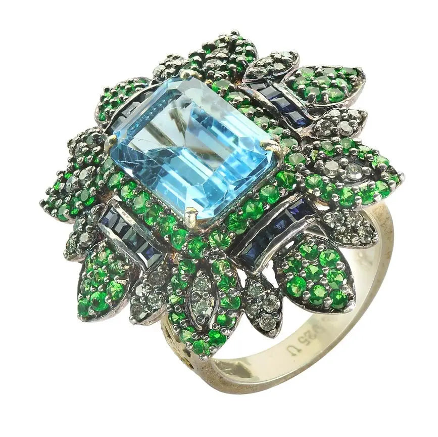 Blue Topaz & Tsavorite Floral Statement Ring – A Dazzling Masterpiece Antiqa Handcrafted