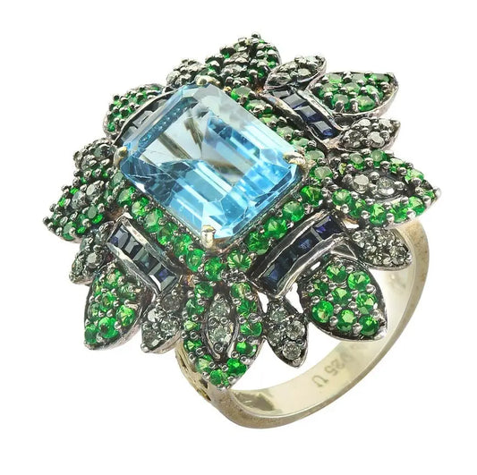 Blue Topaz & Tsavorite Floral Statement Ring – A Dazzling Masterpiece Antiqa Handcrafted