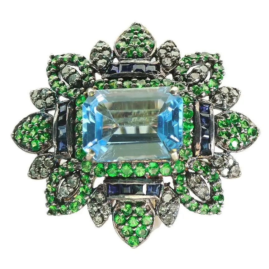 Blue Topaz & Tsavorite Floral Statement Ring – A Dazzling Masterpiece Antiqa Handcrafted