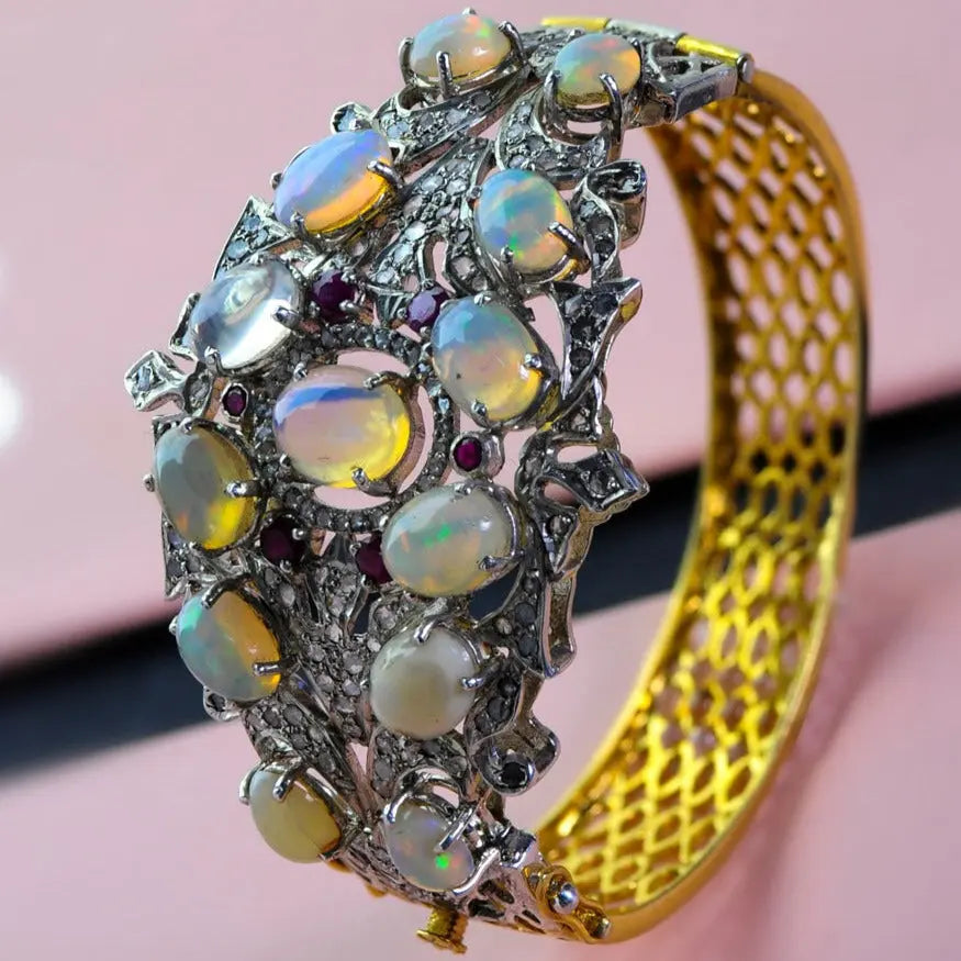 Luxury Handmade Opal and Ruby Statement Bracelet – Gold & Silver Finish Antiqa Handcrafted