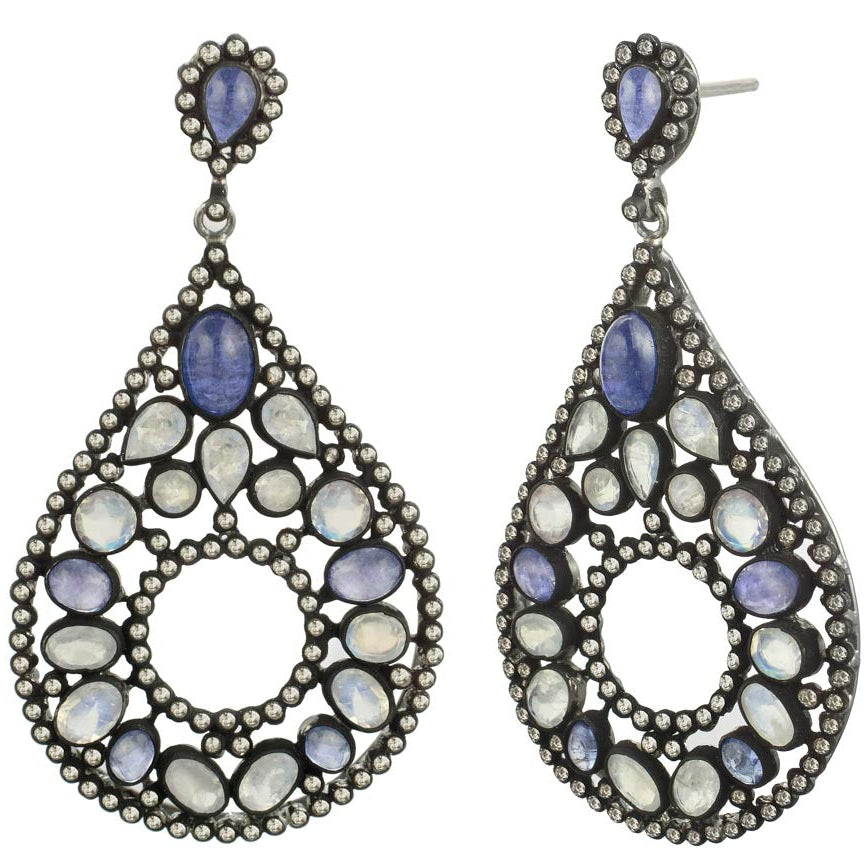 Exquisite Moonstone & Blue Sapphire Chandelier Earrings – A Timeless Statement