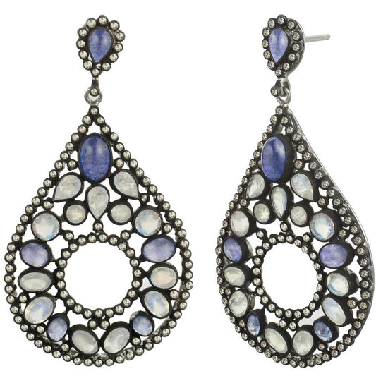 Exquisite Moonstone & Blue Sapphire Chandelier Earrings – A Timeless Statement Antiqa Handcrafted