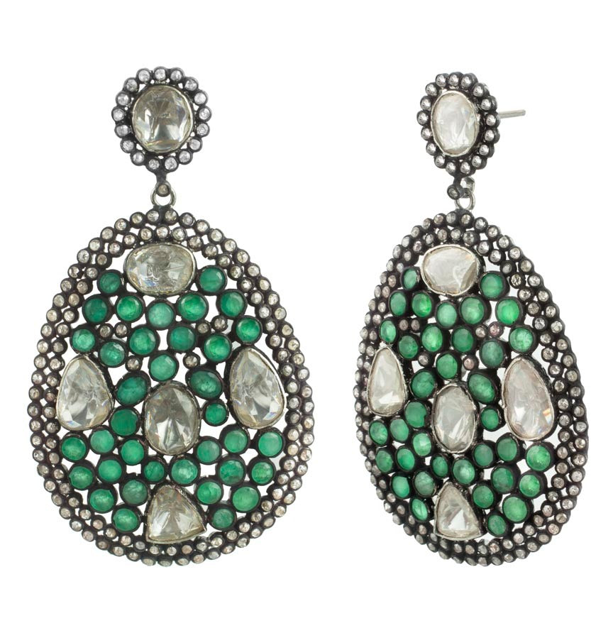 Emerald & Polki Diamond Chandelier Earrings – A Statement of Luxury Antiqa Handcrafted