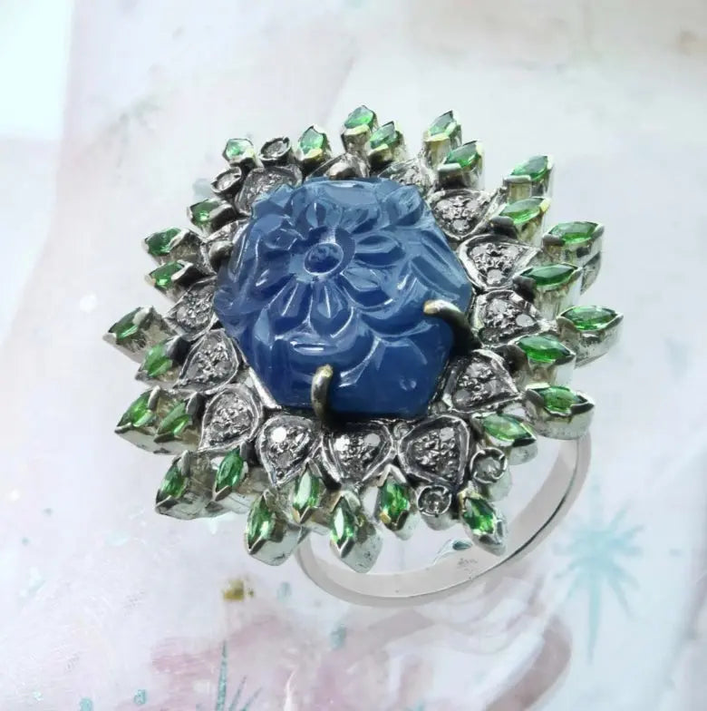 Exquisite Handmade Ring with Carved Blue Sapphire, Tsavorite Garnet, and Diamonds Antiqa Handcrafted