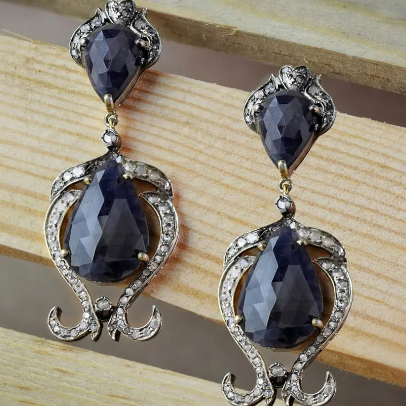 Handmade Vintage-Style Sapphire and Diamond Drop Earrings – Sterling Silver Antiqa Handcrafted