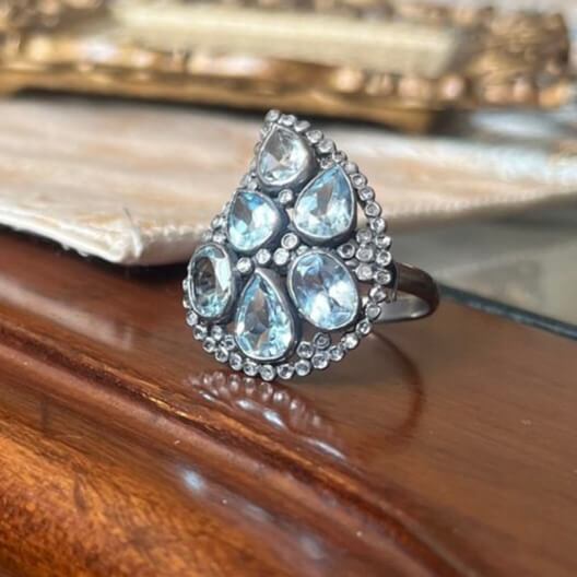 Ocean’s Elegance – Aquamarine & Diamond Statement Ring Antiqa Handcrafted
