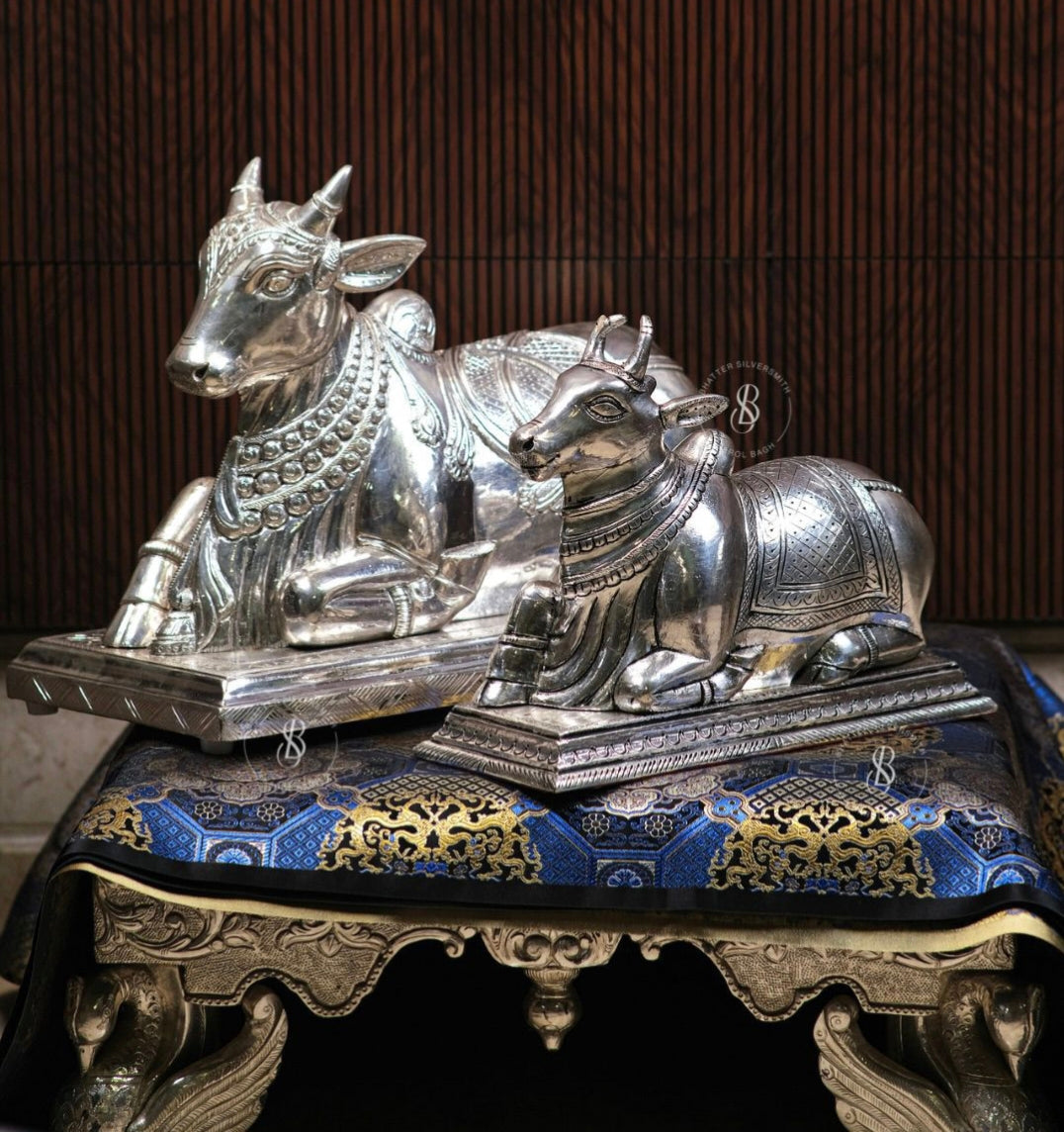 Sacred Silver Nandi Statue Set – Divine Décor for Temples & Homes Antiqa Handcrafted