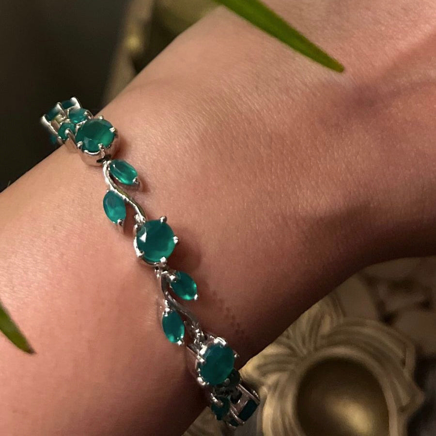 Dazzling Green Onyx and Diamond Tennis Bracelet - Elegant Silver Jewelry for Women Antiqa Handcrafted