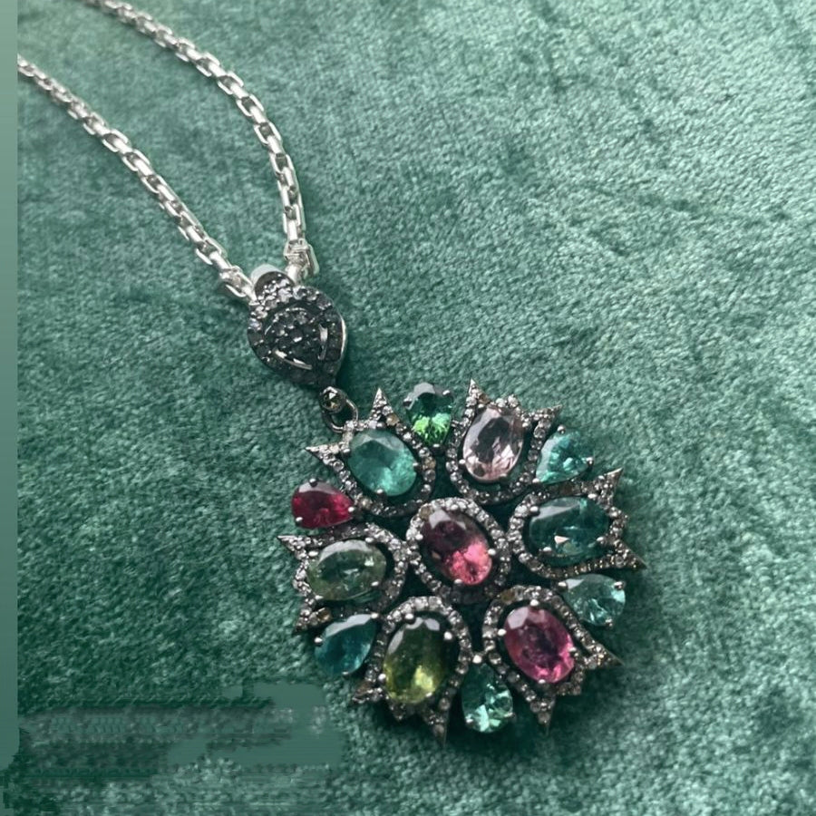 Luxurious Multi-Tourmaline and Diamond Statement Pendant in Silver Antiqa Handcrafted