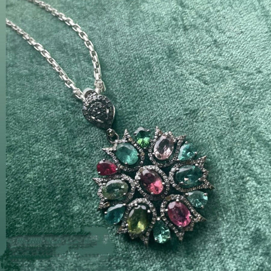 Luxurious Multi-Tourmaline and Diamond Statement Pendant in Silver Antiqa Handcrafted