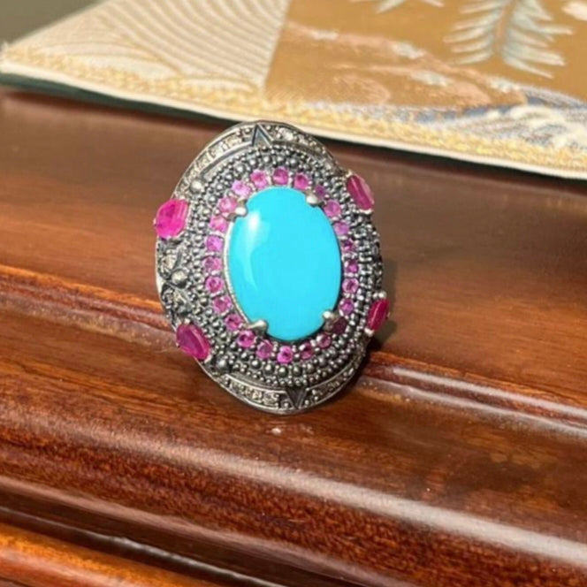 Handcrafted Turquoise, Ruby, and Diamond Statement Ring in Silver Antiqa Handcrafted