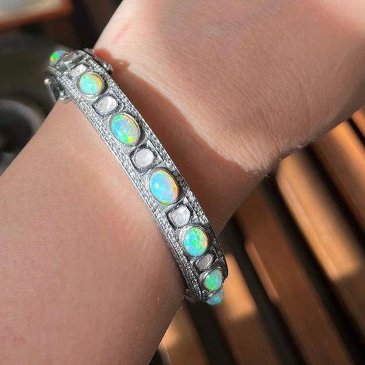 Handcrafted Opal, Polki, and Diamond Cuff Bracelet in Silver Antiqa Handcrafted
