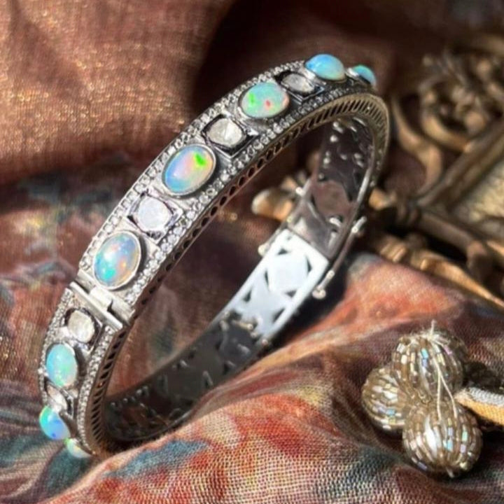 Handcrafted Opal, Polki, and Diamond Cuff Bracelet in Silver Antiqa Handcrafted