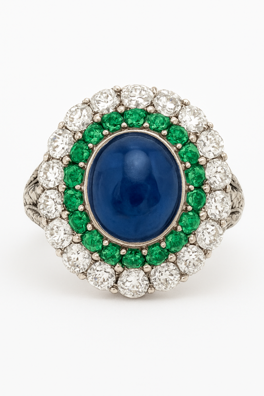 Top view of handmade Sterling Silver 925 ring with emerald, sapphire, and diamond
