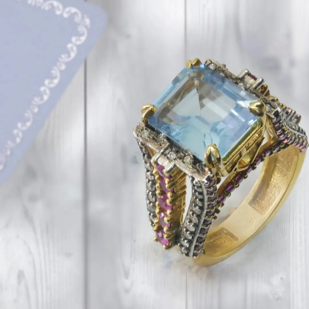 Handmade Aquamarine, Ruby & Diamond Statement Ring – Luxury Cocktail Ring Antiqa Handcrafted
