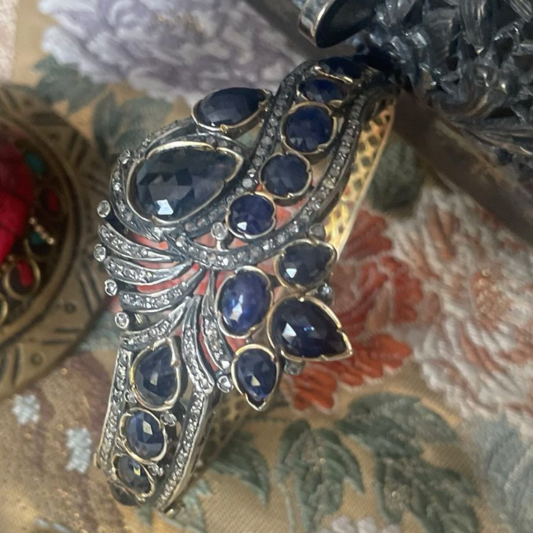 Vintage-Inspired Sapphire and Diamond Cuff Bracelet - Elegant Gold Statement Jewelry for Women
