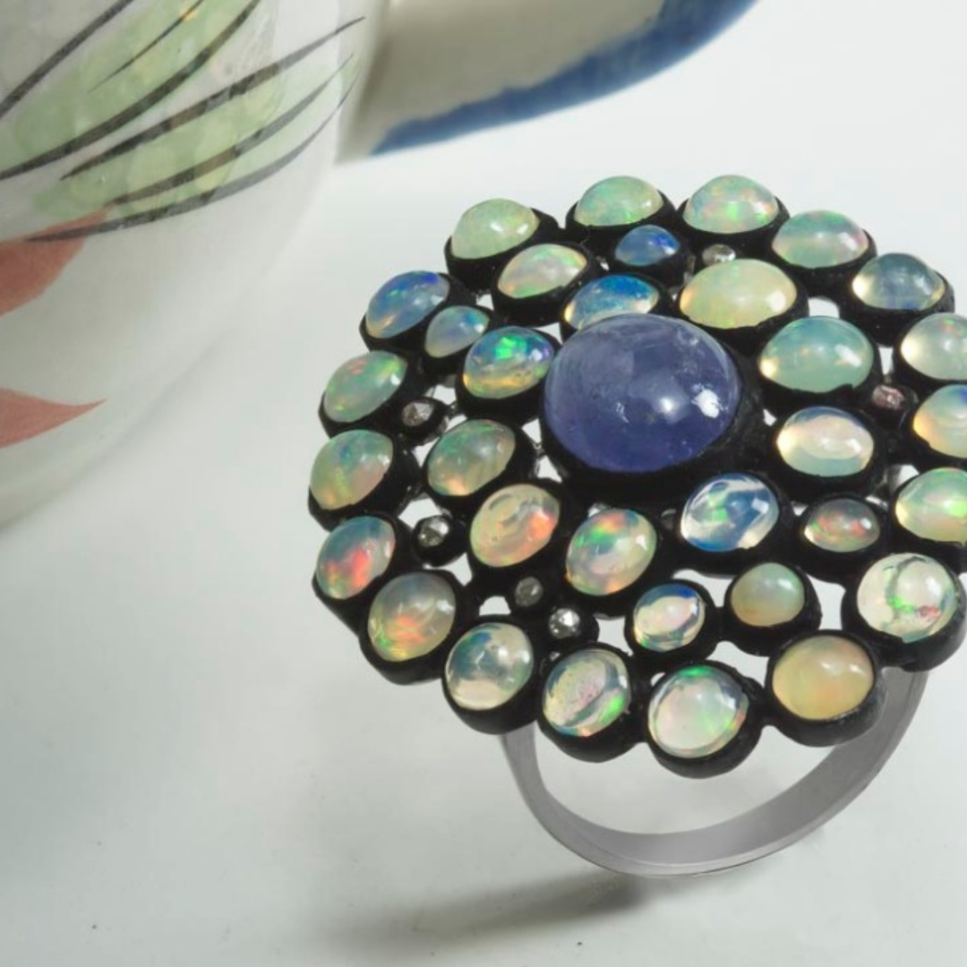 Handmade Ethiopian Opal & Blue Sapphire Ring – A Dazzling Work of Art Antiqa Handcrafted
