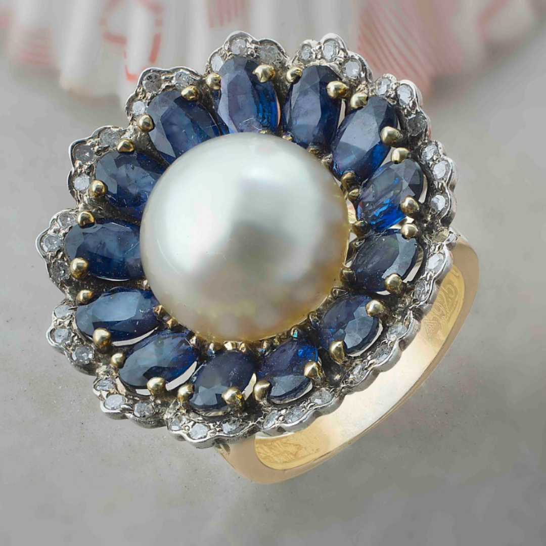 Regal Radiance: Pearl & Sapphire Statement Ring Antiqa Handcrafted
