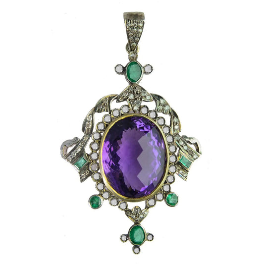 Regal Vintage-Style Amethyst & Emerald Pendant – A Majestic Masterpiece Antiqa Handcrafted