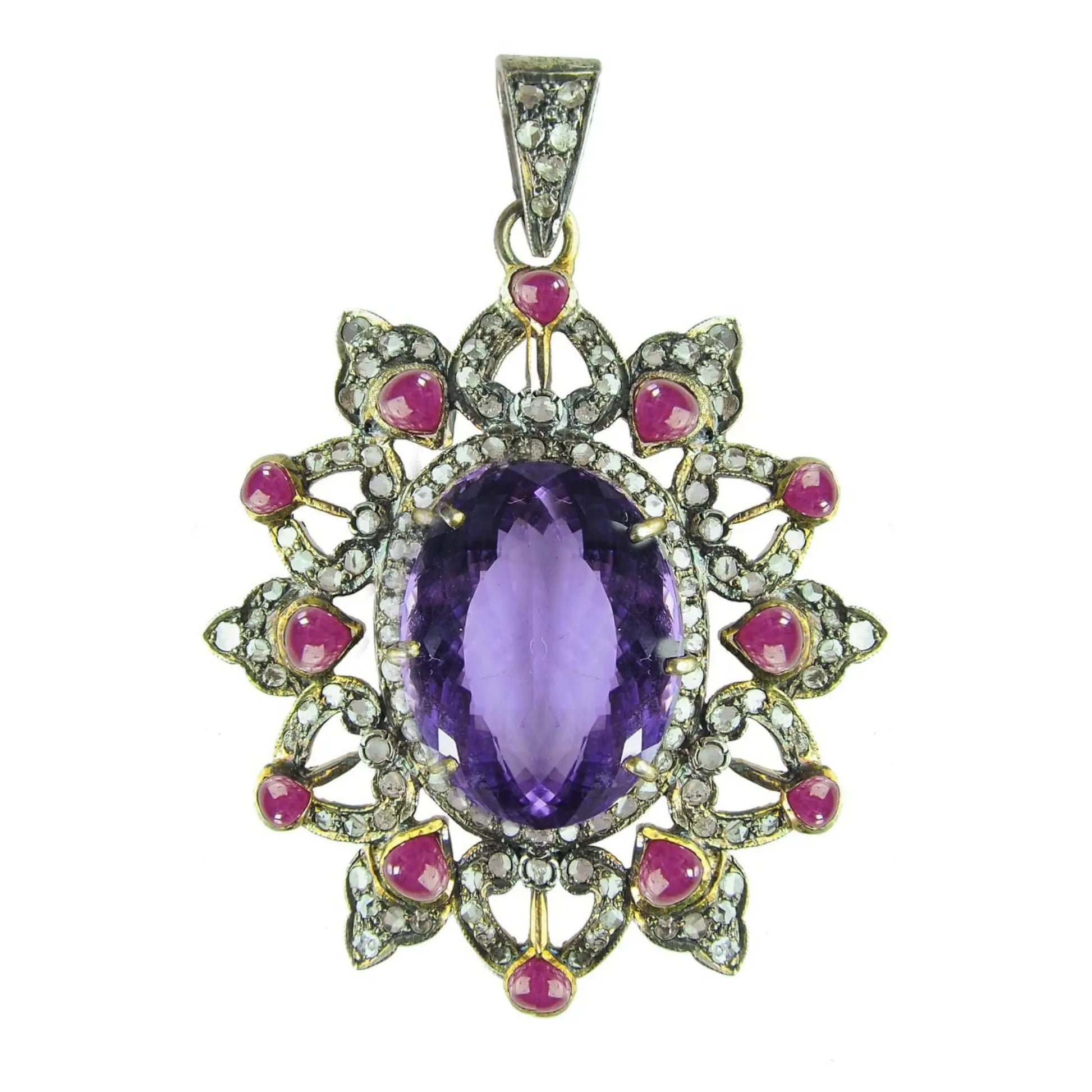 Vintage-Inspired Amethyst Pendant with Ruby and Diamond Accents in Gold-Plated Silver Antiqa Handcrafted