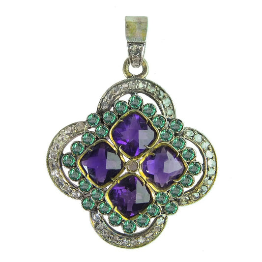 Vintage Amethyst and Emerald Pendant with Diamond Accents in Gold-Plated Silver Antiqa Handcrafted