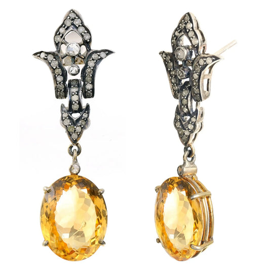 Vintage Citrine and Diamond Drop Earrings in Sterling Silver – Elegant Antique-Inspired Dangle Earrings Antiqa Handcrafted