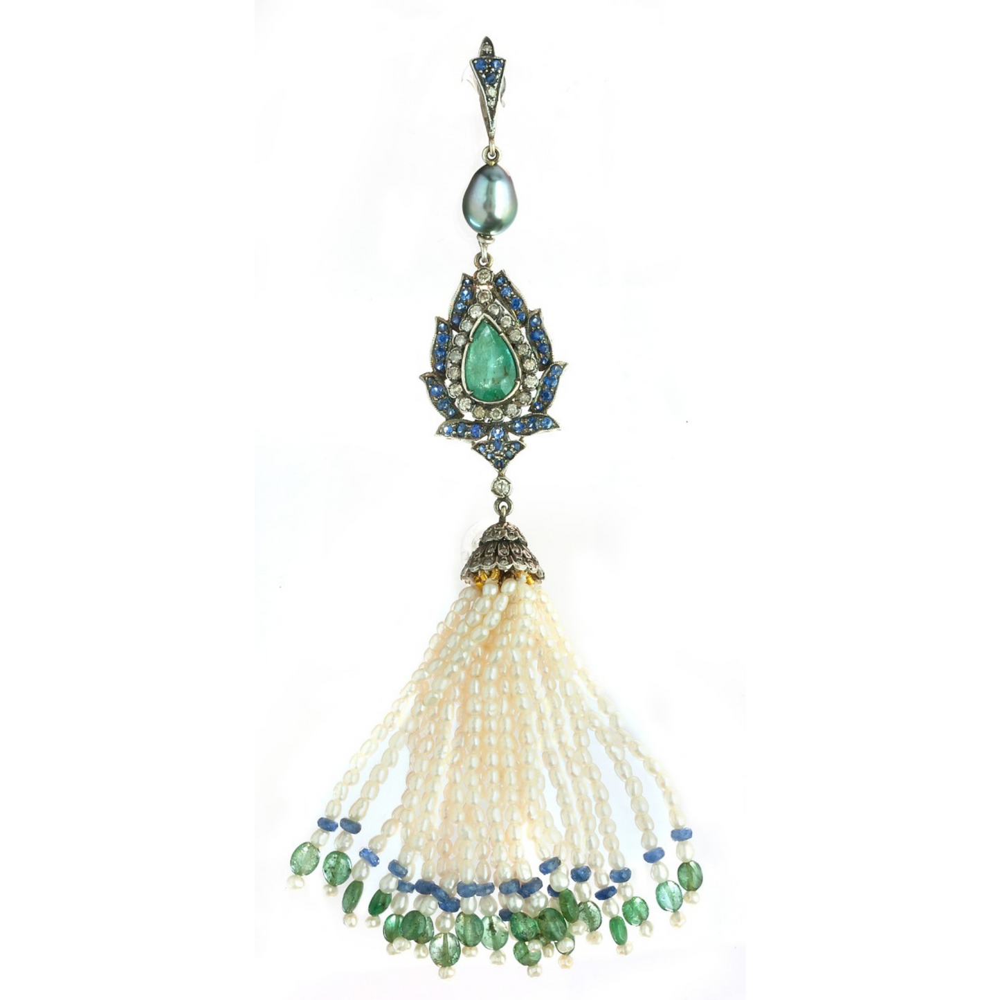 Handcrafted Emerald & Blue Sapphire Tassel Pendant – Sterling Silver & Pearl Accents