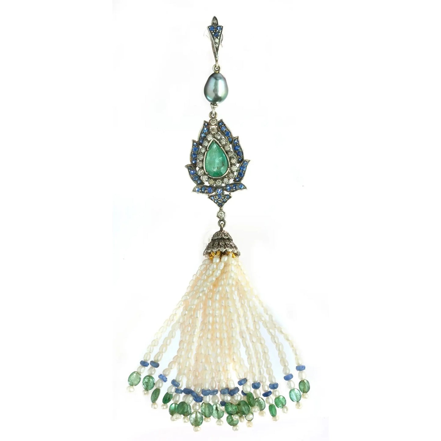 Handcrafted Emerald & Blue Sapphire Tassel Pendant – Sterling Silver & Pearl Accents Antiqa Handcrafted
