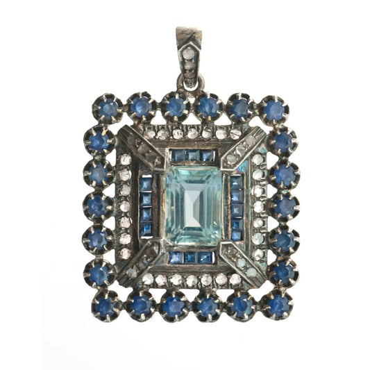 Art Deco-Inspired Aquamarine & Sapphire Pendant – A Timeless Masterpiece Antiqa Handcrafted