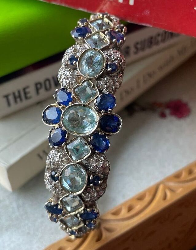 Luxurious Blue Topaz and Sapphire Cuff Bracelet - Statement Diamond Accent Jewelry for Women Antiqa Handcrafted