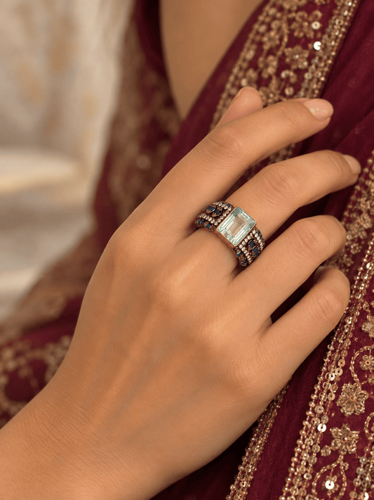 Aquamarine Statement Ring with Sapphires and Diamonds - Antiqa Handcrafted