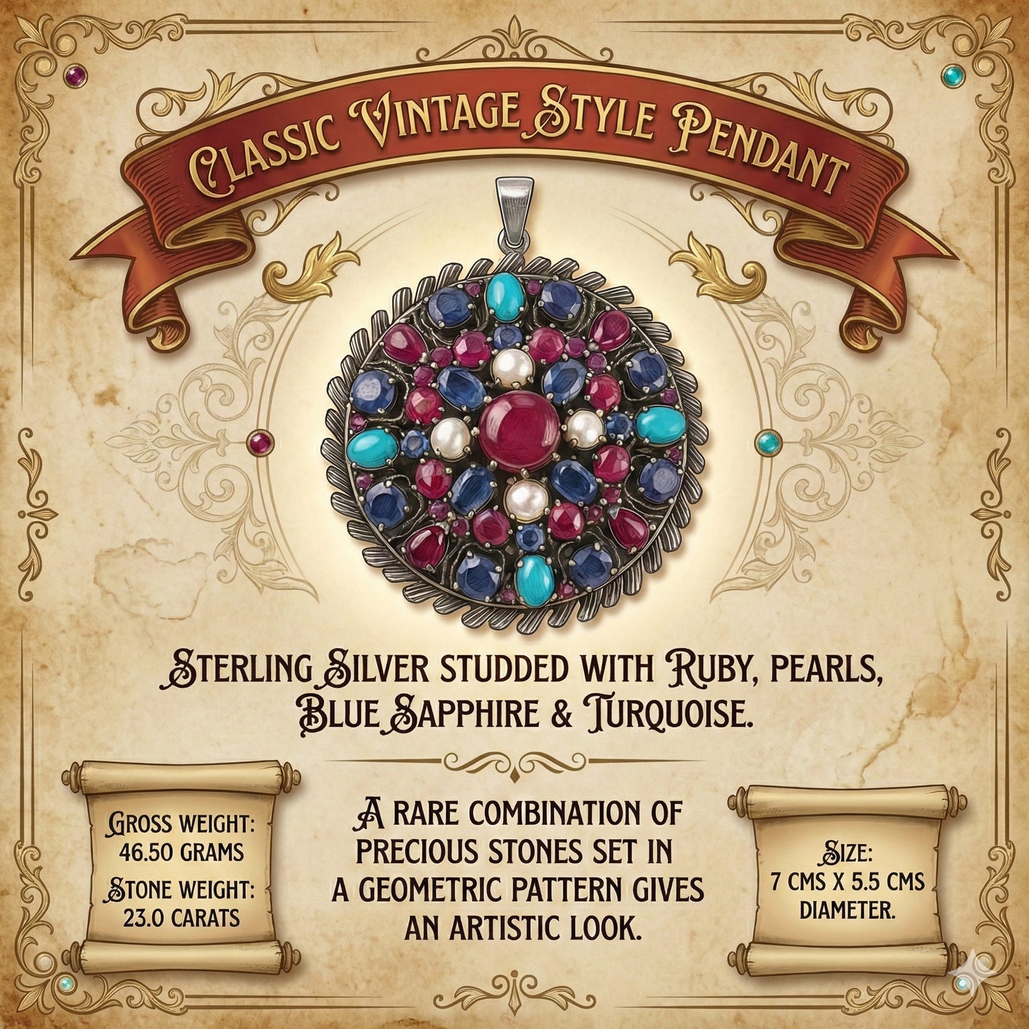 Statement handcrafted silver pendant with ruby and turquoise
