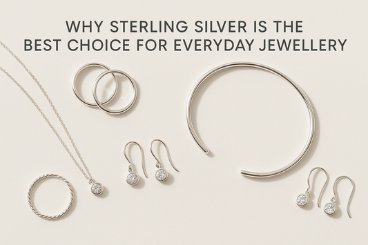 Flat lay of handmade sterling silver jewellery including rings, necklaces, earrings, bracelet, and cuff displayed on a soft beige background with text overlay “Why Sterling Silver is the Best Choice for Everyday Jewellery”.