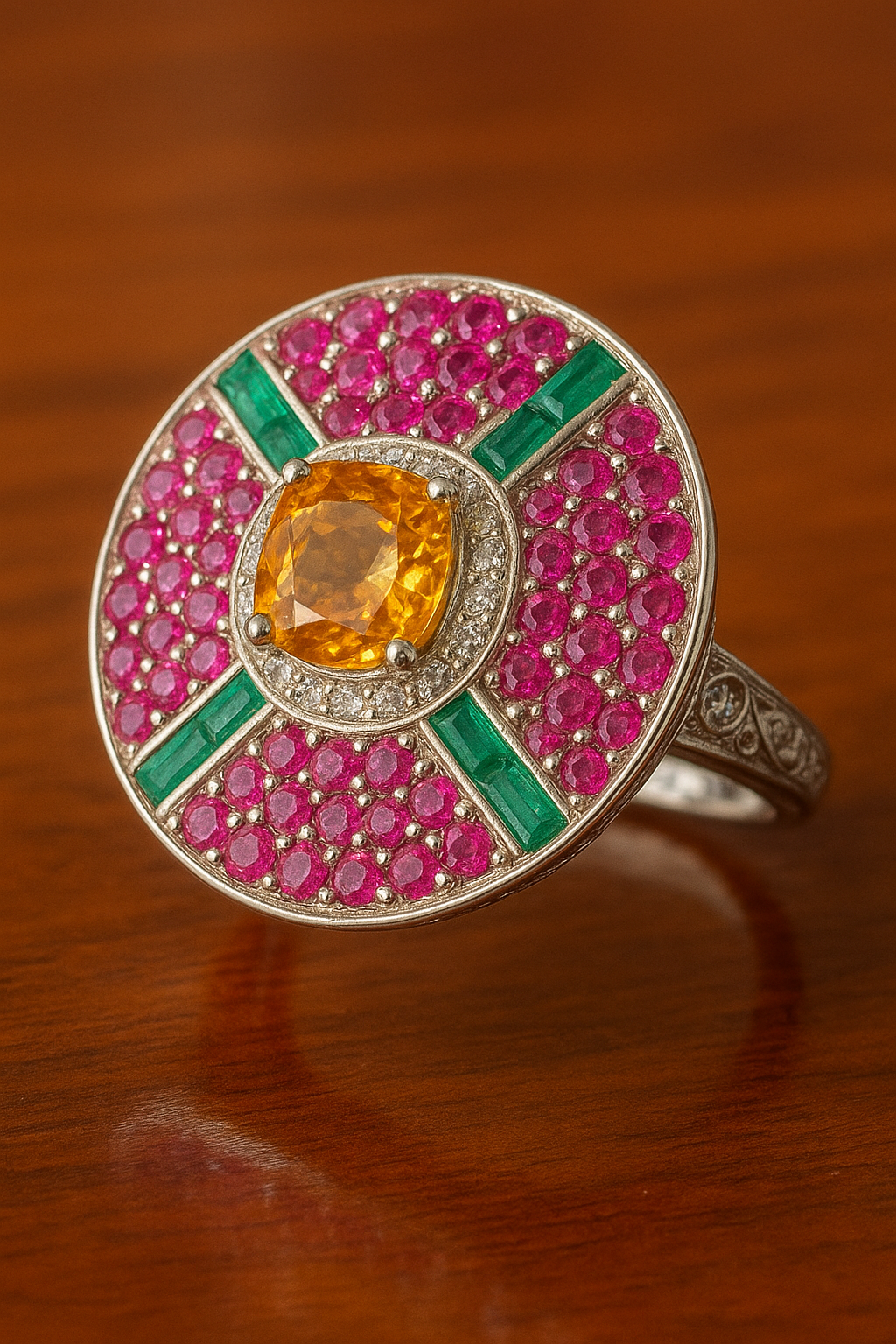 45-degree angled shot of handmade silver ring with citrine centerpiece and colorful gemstones
