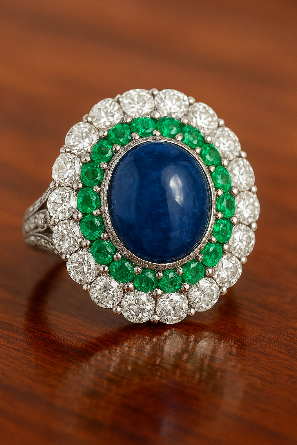 45-degree angled shot of handmade silver ring with emerald, sapphire, and diamond sparkle