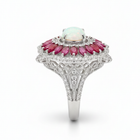 Handcrafted Sterling Silver Opal Ring with Melee Diamonds & Ruby Accents
