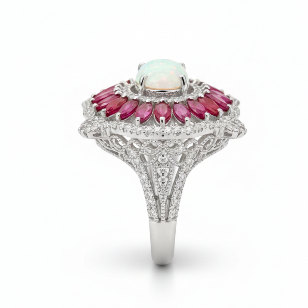 Handcrafted Sterling Silver Opal Ring with Melee Diamonds & Ruby Accents