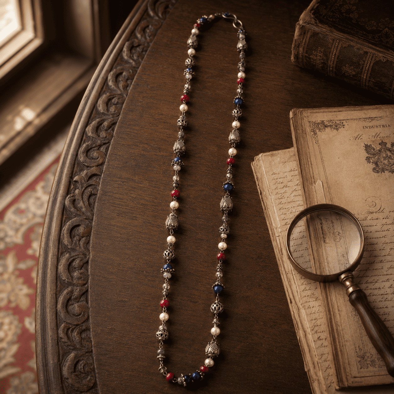 Antique designer necklace handcrafted with twisted sterling silver wire and colorful gemstone beads