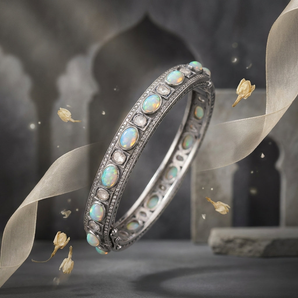 Artisan-crafted sterling silver bracelet with Opal and Polki stones
