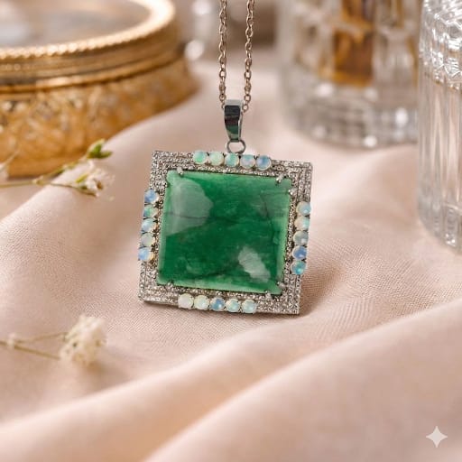 Artisan made gemstone pendant with beryl and opals
