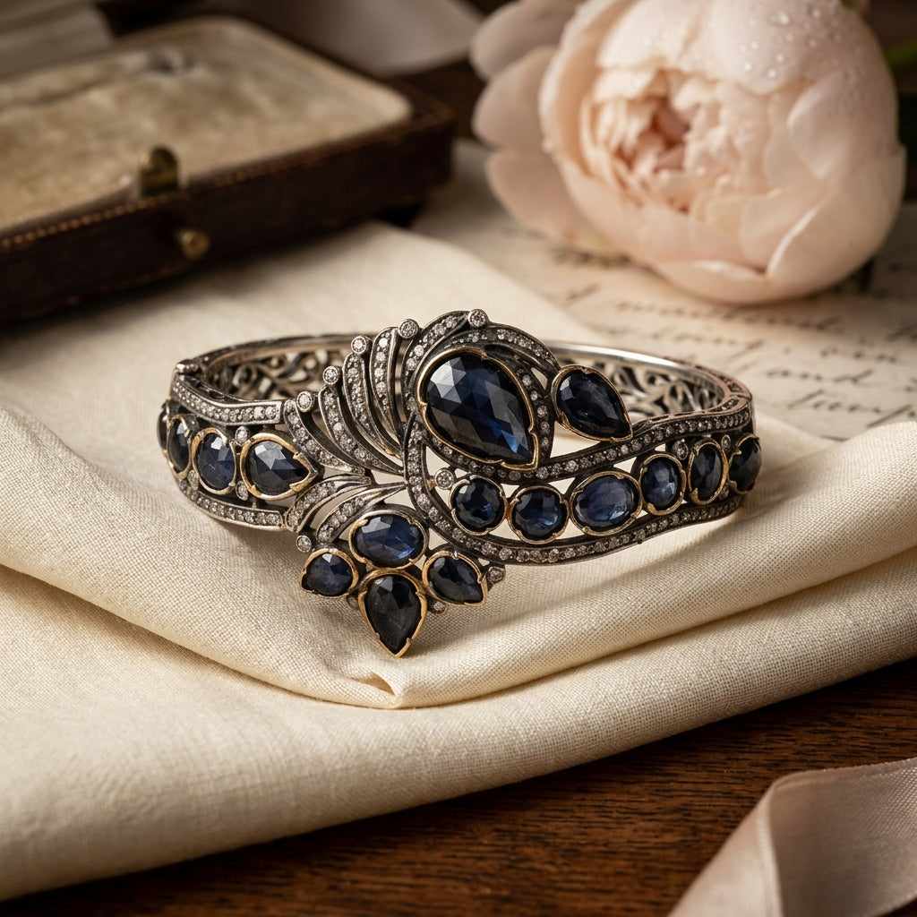 Artisan made silver bangle with natural sapphires and diamond detailing