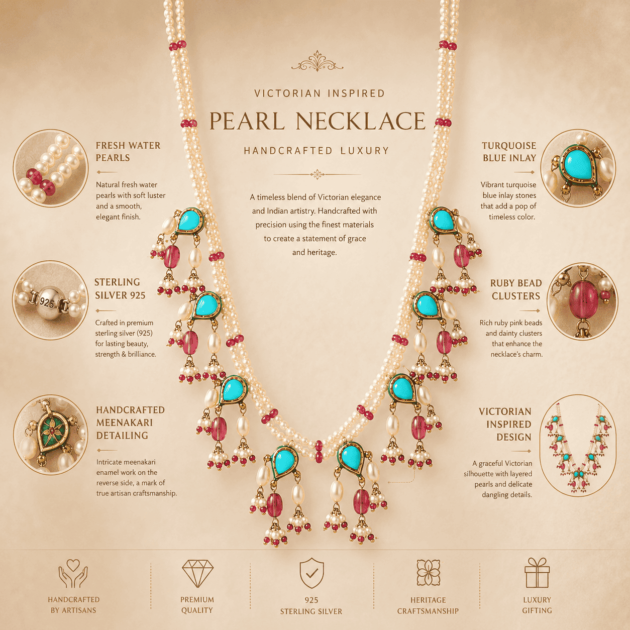 Victorian Pearl & Ruby Sterling Silver Statement Necklace Antiqa Handcrafted