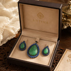 Handcrafted Green Beryl Leaf Carved Pendant & Earrings Set in 925 Sterling Silver with Kyanite & Natural Diamond Accents | Antiqa Handcrafted