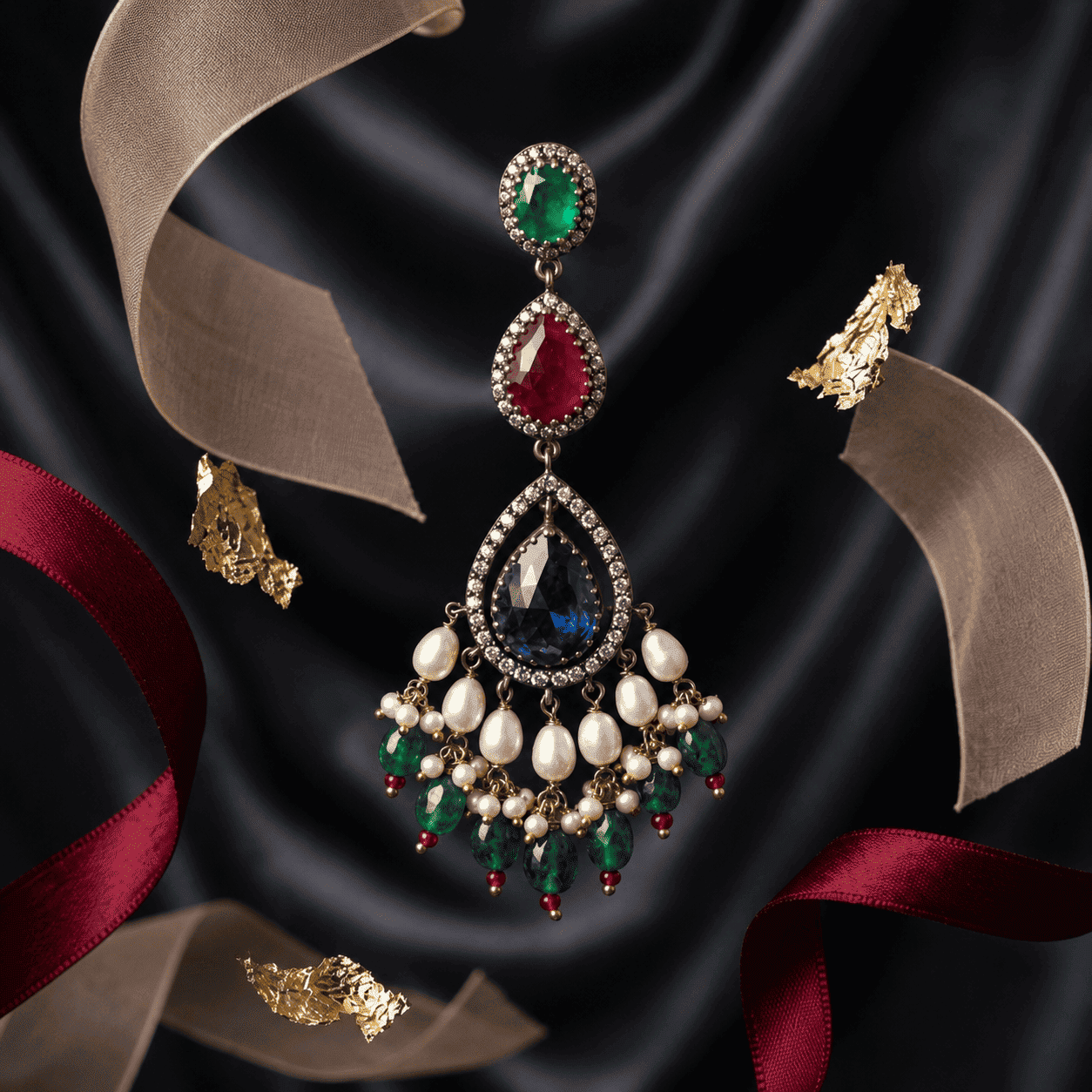 Detailed artisan craftsmanship of Blue Sapphire Ruby and Emerald pendant with dangling pearl accents